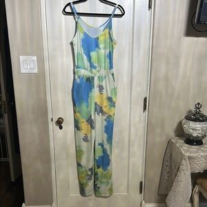 Artistic Blue and Green Tie-Dye Jumpsuit with Relaxed Silhouette